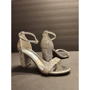 SHOE LAND Romina Strappy Heels Womens 6 Faux Leather Silver Metallic Glitter